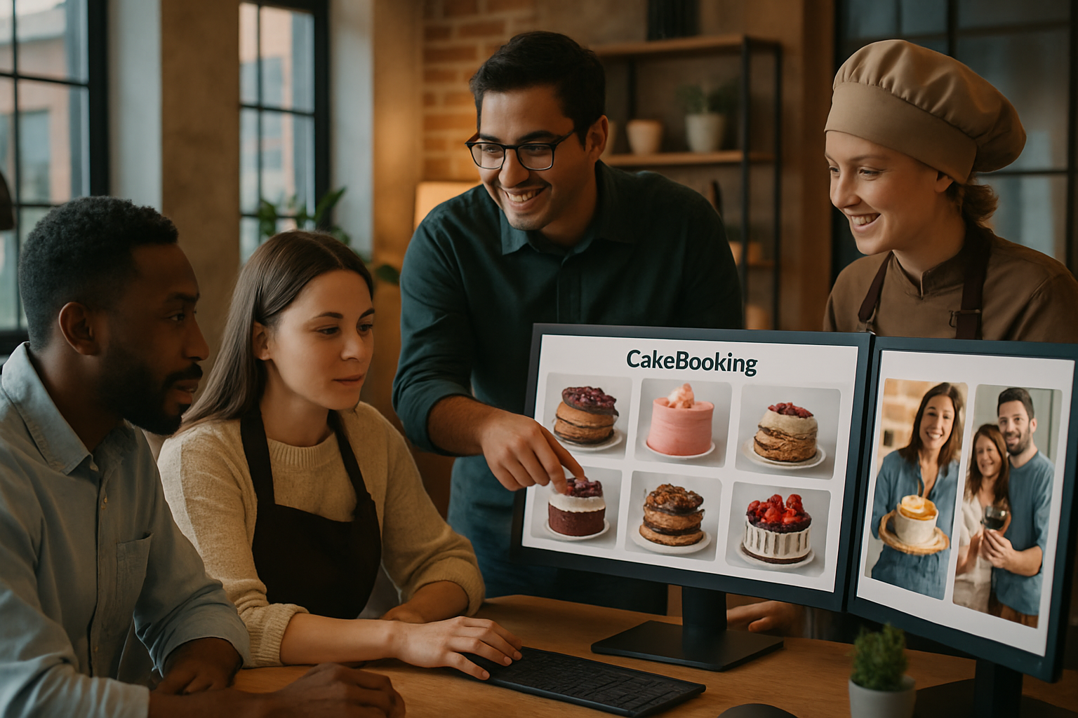Professional team of developers and bakers collaborating on CakeBooking app, showcasing the vision and passion behind connecting cake lovers with local bakeries