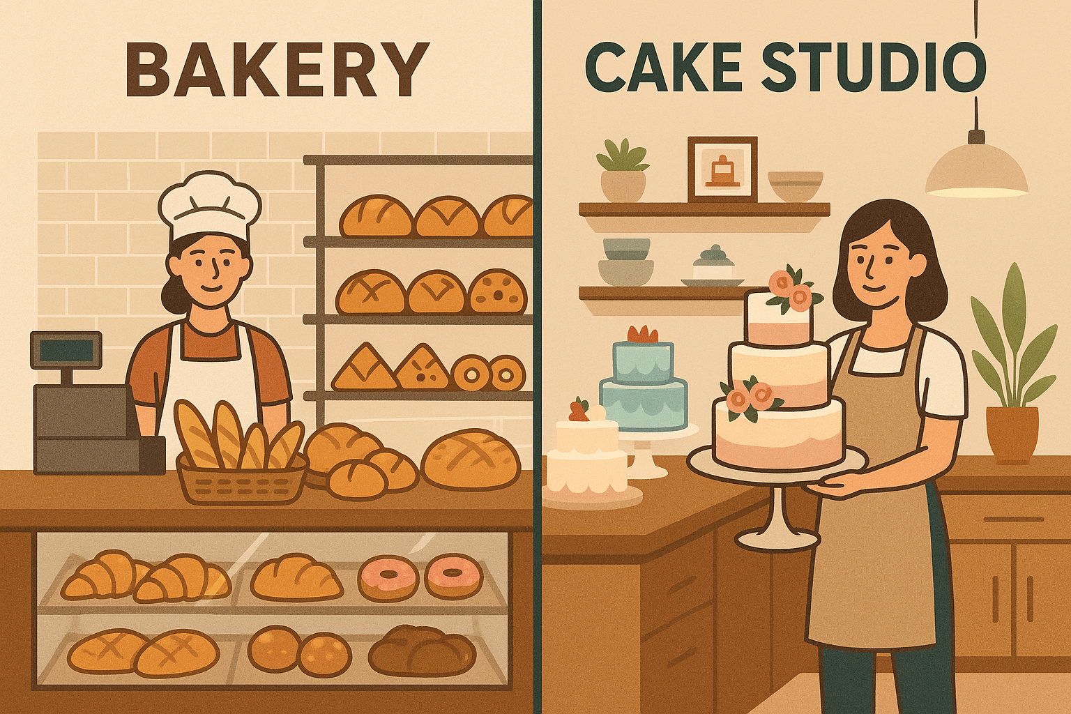 Side by side comparison of traditional bakery storefront and modern artisan cake studio workspace showing different cake production approaches