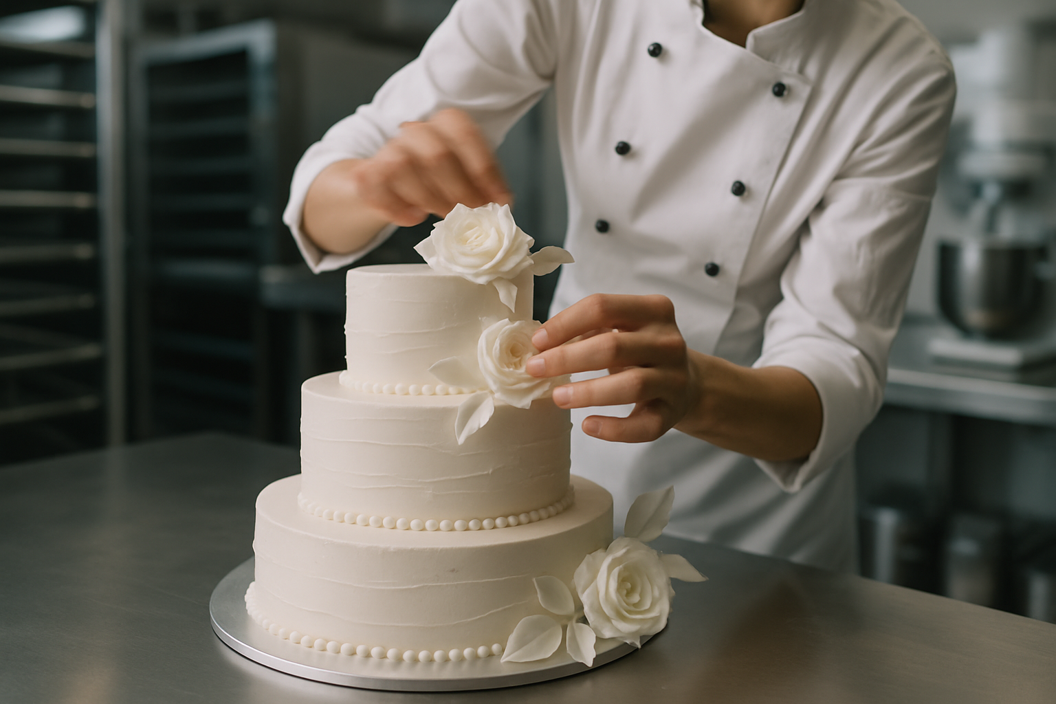 Elegant cake being prepared quickly in professional bakery, showcasing last-minute cake ordering possibilities
