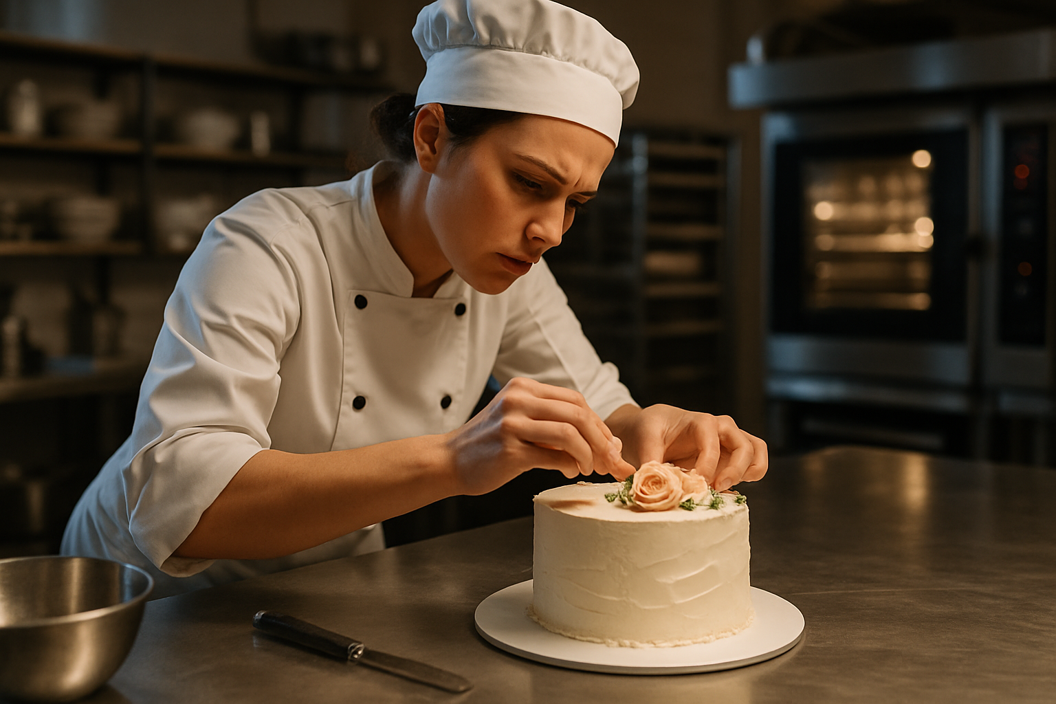 Professional baker working quickly to prepare an elegant cake in a modern bakery, showcasing the possibility of last-minute cake orders