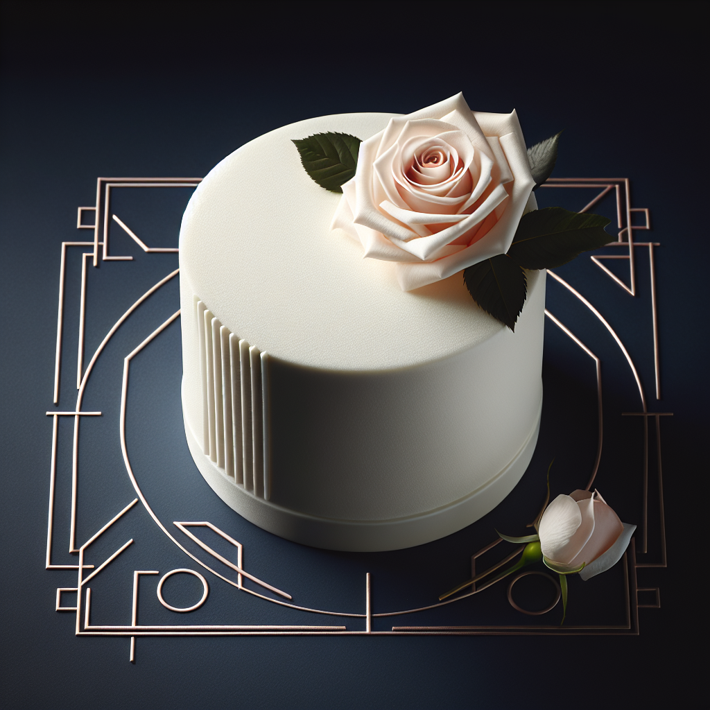 Elegancki tort weselny z dekoracyjną różą na granatowym tle art deco